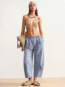 Bohemela New Women's Low-Rise, Loose-Fitting Jacquard Carrot Pants, Cropped Length, Casual And Versatile, Knee-Length Pleated Jeans, Light Blue. Suitable For Casual Vacations, Everyday Outings, Beach Vacations, And Music Festival Outfits. - Medium Wash - View 4