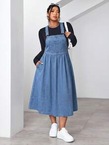 SHEIN EZwear 大码纯色休闲牛仔连衣裙 - 淺色水洗藍 - 查看 6
