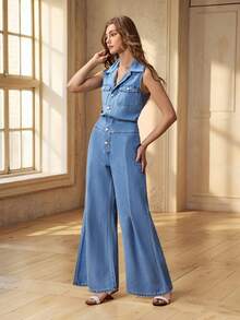 Women's Lapel Button Pleated Casual Everyday Date Outing Sleeveless Denim Jumpsuit - Light Wash - View 3