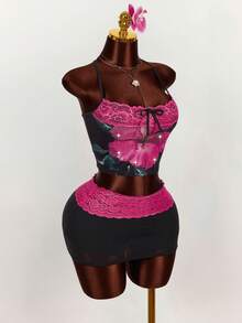 Amplova 女士印花蕾丝拼接露背吊带背心和迷你裙两件套，性感沙滩度假风 - 彩色 - 查看 5