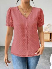 Elenzga 女士法式纯色瑞士波点荷叶边V领泡泡袖衬衫 - 粉色 - 查看 3