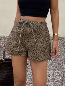 DAZY Women's Leopard Print Lace-Up Casual Denim Shorts - Coffee Brown - View 3
