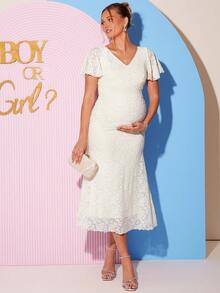 Loomaby 优雅孕妇派对礼服，提花荷叶袖，收腰设计，夏季 - 卡其色 - 查看 6