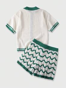 ROMWE MEN Casual 男士撞色短袖纽扣前开襟休闲针织西装 - 綠色 - 查看 2