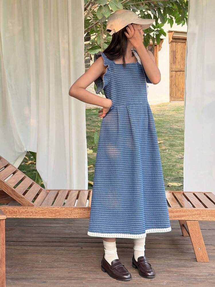 Girls' Square Neck Short Sleeve Denim Dress