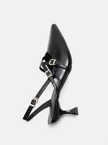 秋冬新款女士夏季UR黑色漆皮小猫跟凉鞋，带搭扣，尖头高跟鞋，情人节、优雅、派对必备 - 黑色 - 查看 9