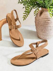 SHUZIA Women Buckled Comfort Chic Everyday Beach Vacation Flat Thong Sandals - Beige - View 1