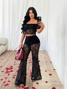 SHEIN SXY Black Lace Sexy Off-Shoulder Top & Semi-Sheer Pants Set - Black - View 3