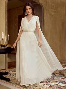 ZEYLAH 女士纯色V领褶裥披肩领优雅收腰派对连衣裙 - 白色 - 查看 3