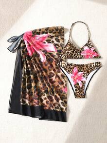 SHEIN 少女彩色豹纹和花卉印花撞色系带三件套比基尼，沙滩度假 - 棕色 - 查看 2