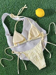 Swim Mod Women's Casual Textured Halter Neck Bikini Set, Suitable For Summer Vacation - Light Yellow - View 4