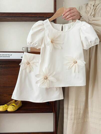 SHEIN 2pcs Young Girl Woven Solid Color Round Neck 3D Floral Casual Shirt And Skirt Set