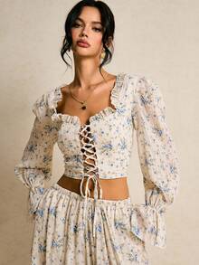 Poéselle Women's Casual Vacation Floral Print Keyhole Neck Ruffle Sleeve Tie Front Crop Top, Spring/Summer - Baby Blue - View 4