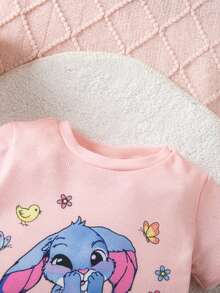 SHEIN Babygirl Summer Cute Cartoon Print Knit Tight Top And Floral Pants Pajama Set - Pink - View 4