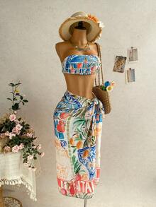 Soleia Women's Vacation Fruit Print Cropped Bandeau Top And Side Tie Skirt 2 Pieces Set - Multicolor - View 7