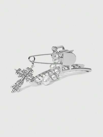 ROMWE Kawaii 1pc Y2K Metal Chain Pearl Grab Clip Women's Back Of The Head Hair Clip Clips Clips Large Size Plate Hair Headwear