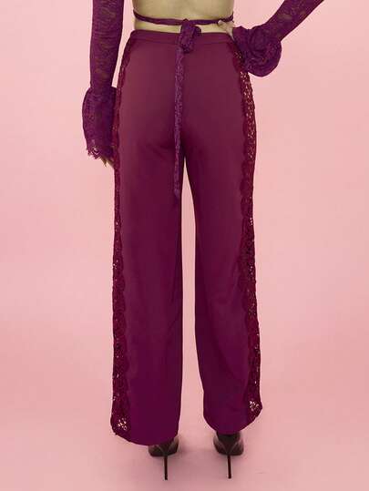 OverBlushhh Women's Tailored Wide Leg Pants Suit With Sheer Lace Side Panels, High Waist Burgundy Elegant Occasion Trouser, Sexy, Chic, Date, Valentine's Date, Valentine, Spring
