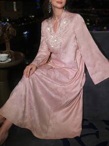 Layrah 优雅花卉提花串珠长连衣裙，喇叭袖，粉色，春夏款 - 粉色 - 查看 9