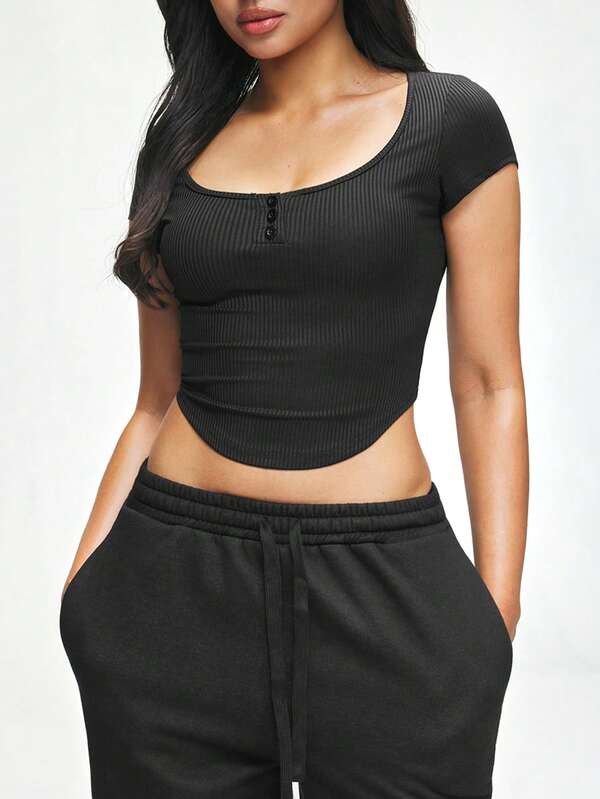 SHAPORA 女士简约纯色罗纹针织宽松圆领蝙蝠袖弧形下摆露脐睡衣上衣，夏季