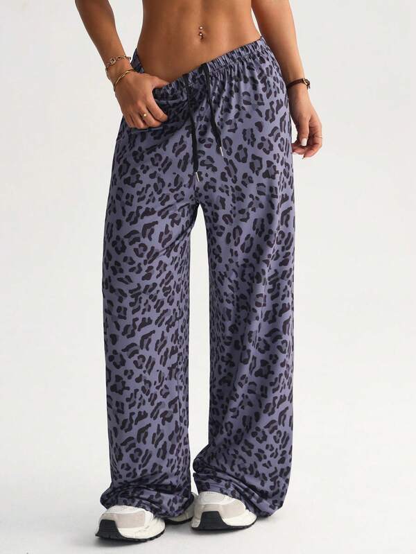Slayform Women's Leopard Print Drawstring Waist Wide Leg Yoga Pants, Minimalist Basic Design For Outdoor Sports, Gym, Fitness