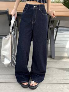 DAZY Solid Color Slant Pocket Casual Versatile Wide Leg Jeans - Navy Blue - View 5