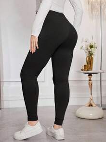 Modelyn 大码女士优雅舒适针织收腰休闲长款打底裤，春秋季 - 黑色 - 查看 2