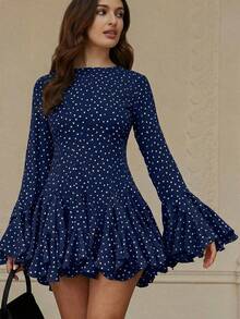 Aveloria Rosie Đầm dài tay xếp tầng họa tiết chấm bi màu nước thời trang, kiểu dáng châu Âu và Mỹ, thích hợp cho mùa Thu/Đông. - Màu xanh hải quân - Xem 4