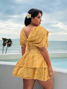 Rustia Sommerurlaub Ditsy Floral geraffter Schulter Kreuz-Rücken V-Ausschnitt ärmelloses kurzes A-Linien Kleid für Frauen - Verschiedenfarbig - Übersicht 8