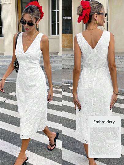 Serisse French Resort Slim Waist V-Neck Sleeveless Hollow Embroidery Dress Wedding Dress Ladies Summer Dress Elegant Resort Dress Ladies Spring Dress Ladies Summer Dress New Year Party White Vacation Casual Holiday