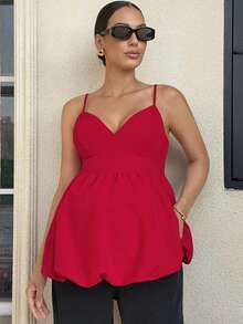 MaterniWear Elegant Solid Color Ruched Waist Maternity Camisole For Summer - Red - View 3