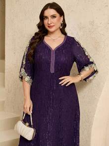 Al Najma Đầm maxi Thổ Nhĩ Kỳ thanh lịch cổ trái tim thêu hoa dành cho nữ cỡ lớn & Áo Abaya truyền thống Ả Rập - Màu tím - Xem 1