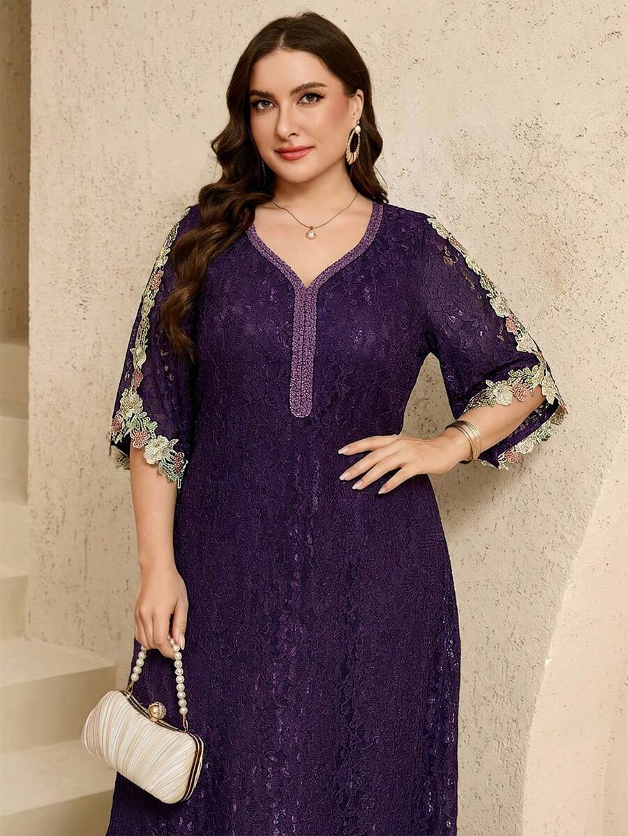 Al Najma Đầm maxi Thổ Nhĩ Kỳ thanh lịch cổ trái tim thêu hoa dành cho nữ cỡ lớn & Áo Abaya truyền thống Ả Rập - Màu tím - Xem 1