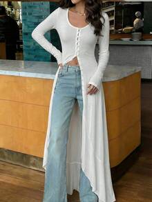 Firerie 女士优雅简约通勤休闲纯色纽扣长款T恤，新款春夏长款T恤，轻盈度假白色上衣，波西米亚风，春夏，海滩，优雅，性感，度假，海滩，夏威夷，约会，派对，音乐节，毕业典礼，女士海滩，度假，音乐节，狂欢节，情人节，日常穿着，春夏女士白色衬衫，春季休闲波西米亚风女士度假 - 米色 - 查看 3