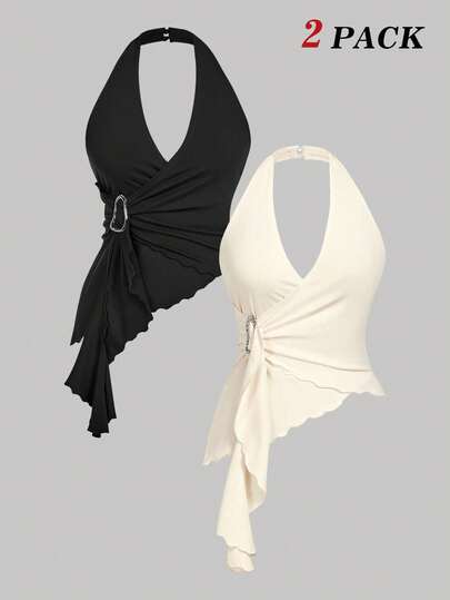 SHEIN MOD 2 piezas Camiseta sin mangas asimétrica con hebilla metálica ajustada y talla grande, elegante para ir al trabajo, estilo vintage de resort, primavera/verano