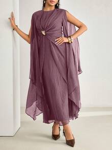 Veilorie New Design Asymmetrical Long Sleeve Waist Ruched Twist Metal Buckle Decor Elegant Lightweight Flowy Dress, Suitable For Parties - Purple - View 6