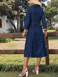 Breezaya 女士休闲度假风卷袖系带牛仔衬衫裙，适合春秋季日常通勤 - 深色水洗藍 - 查看 2