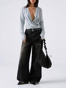 LYSMO Women's Criss-Cross Deep V-Neck Ruched Striped Sexy Long Sleeve Top - Multicolor - View 3