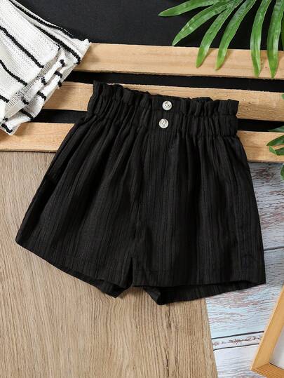 SHEIN Girls' Solid Color Button Pleated Casual Versatile Shorts, Suitable For Daily Outings, Sports, Vacation, Park
