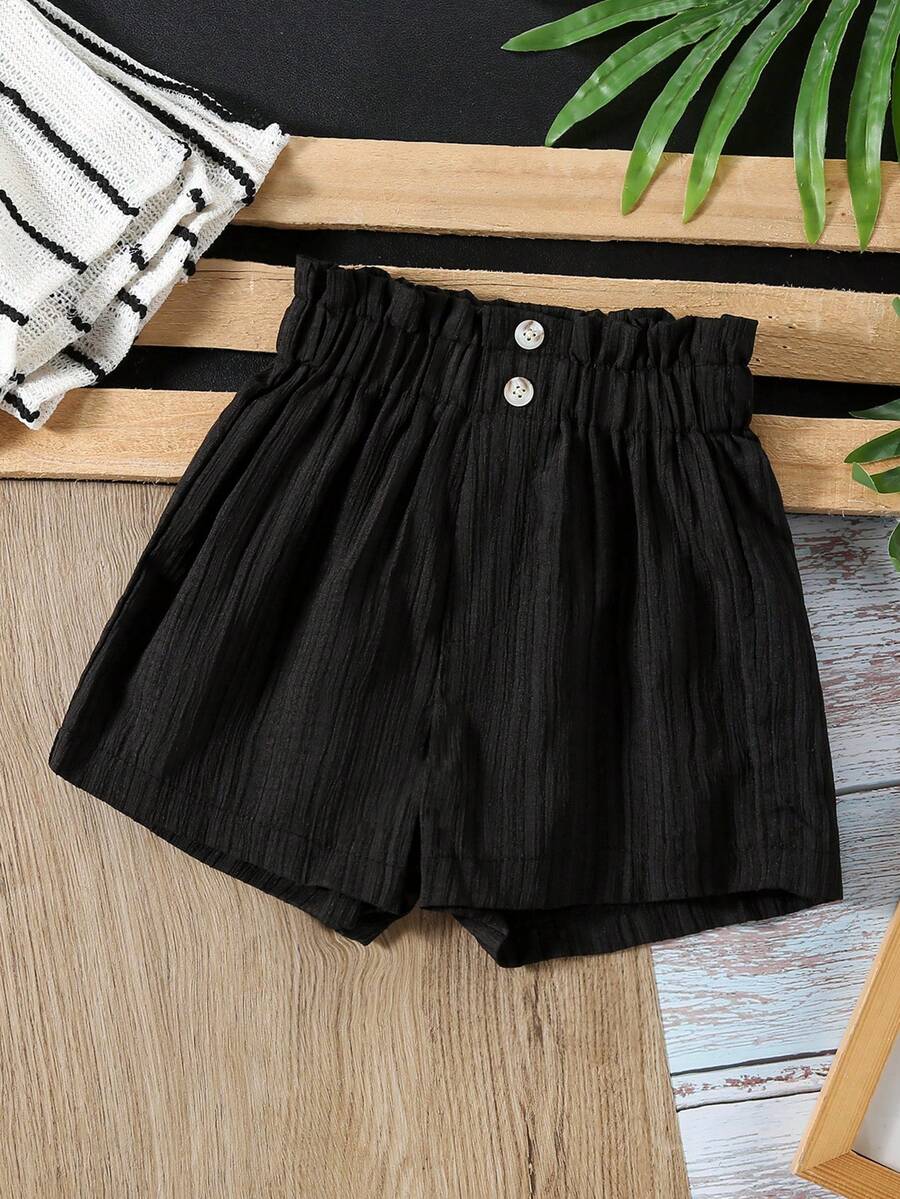 SHEIN Pantalones cortos plisados con botones de unicolor para niñas, adecuados para salidas diarias, deportes, vacaciones, parque - Negro - Ver 1