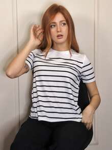 SILVIA DI SANTO Women Striped Casual Versatile T-Shirt Graphic Tees Women Tops - Black and White - View 6