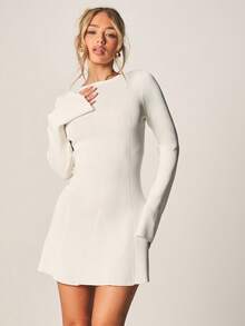 MISSGUIDED Ribbed Knit Long Sleeve Mini Dress Bodycon Fitted Crew Neck Winter Sweater Dress Casual Party Outfit - White - View 1