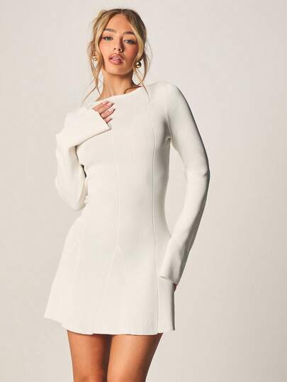 MISSGUIDED Ribbed Knit Long Sleeve Mini Dress Bodycon Fitted Crew Neck Winter Sweater Dress Casual Party Outfit