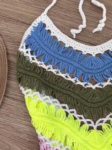 GlowEve Đầm len nữ mùa xuân/hè mới, kiểu dáng khoét rỗng, cổ yếm, hở lưng, kẻ sọc, phối màu, thích hợp cho kỳ nghỉ. - Nhiều màu - Xem 3