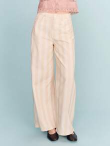 lacRébo Beige Stripe High Waisted Wide Leg Jeans Spring Summer Cream Jeans Cotton Pants Office Outfits Picnic Outfits Spring Summer Vacation French Style Parisian Style - Apricot - View 4