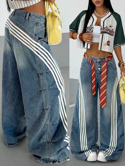 StreetHx Damskie jeansy w paski z niskim stanem i szerokimi nogawkami, w swobodnym, spranym kolorze i blokowym kolorze