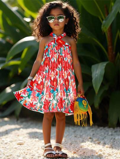 SHEIN Young Girls Casual Sleeveless Tropical Floral Print Dress, Spring/Summer New Arrival