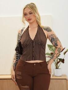 Arliah Women Cotton Striped Stand Collar Single-Breasted Vest Thin Blazer In Fall/Winter - Brown - View 3