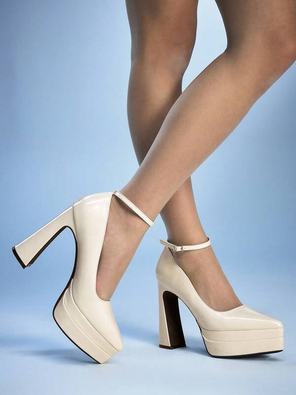 Sugerpunk 女士性感粗跟12厘米高跟鞋，PU材质，夏季日常百搭时尚尖头米色厚底防水桌高跟鞋