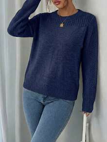 EURMUSE Áo len trơn màu đơn giản, thoải mái khi đi làm hàng ngày dành cho nữ, Thu/Đông - Màu xanh hải quân - Xem 3