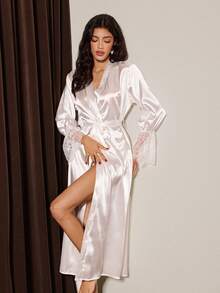 Slumberist Backless Lace Trim Faux Silk Sexy Robe - White - View 2